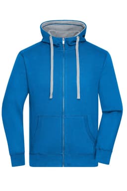 A blue zip-up hoodie with a grey inner lining and drawstrings, featuring a front pocket and a logo.