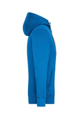 A blue men's zip hoodie featuring a hood and front pockets, with a logo on the chest.