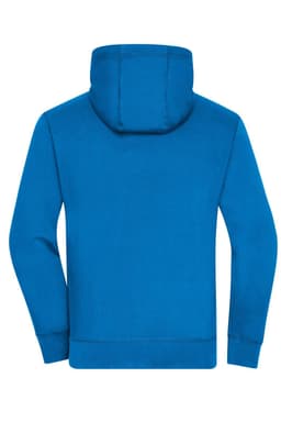 A bright blue men's zip-up hoodie featuring a spacious hood and a back view, with a branding logo present.