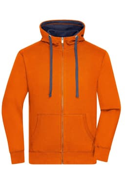 An orange zip-up hoodie with a navy lining and pockets, featuring a logo.