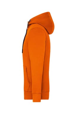 An orange zip-hoodie with a front pocket and a hood, featuring a logo.