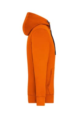An orange zip hoodie featuring a hood and front pocket, with a logo on the chest.