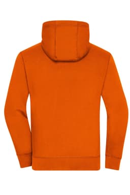 An orange men's zip hoodie featuring a hood and a back view, with a logo on the side.