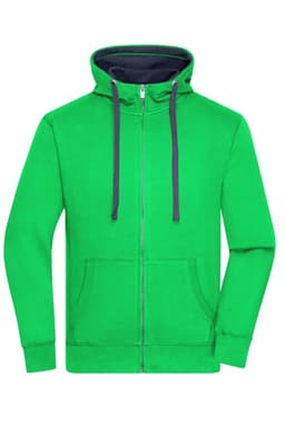 A green zip-up hoodie featuring a darker blue interior and a front pocket, complete with a logo.