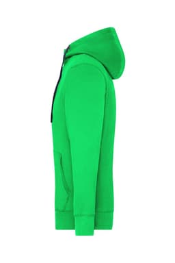 A bright green zip-hoodie with a hood and front pockets, featuring a logo on the chest.