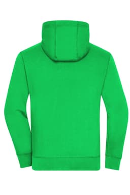 A green zip hoodie with a hood, featuring long sleeves and a back view. It has a logo.
