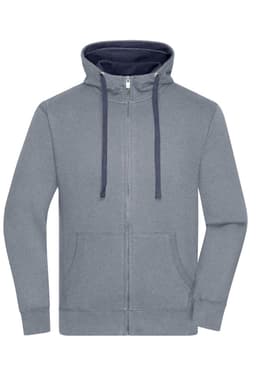 A grey zip-up hoodie featuring a navy inner lining and a front pocket, complete with a logo.