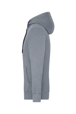A grey zip hoodie featuring a hood and front pocket, with a branding logo visible.