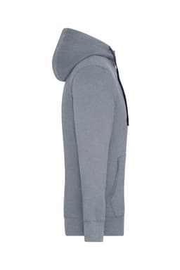A grey men's lifestyle zip hoodie with a front pocket and a hood, featuring a logo.