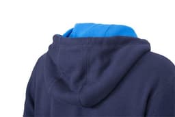 A navy zip-hoodie with a blue inner lining, featuring a hood and no visible branding.