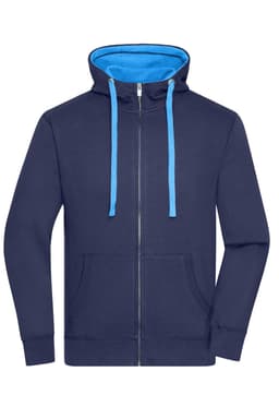 A navy blue zip hoodie featuring a light blue inner lining and drawstrings, with a front kangaroo pocket and a logo.