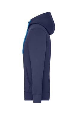 A navy blue men's zip hoodie with a contrasting blue zipper and a front pocket. The hoodie has a logo.