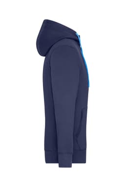 A navy blue men's zip-up hoodie with a blue accent, featuring a hood and a front pocket. It has a logo.