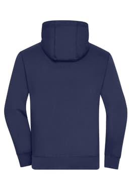 A navy blue men's zip-hoodie featuring a plain design and a back hood. It has a logo on the garment.