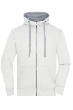 A zip-up hoodie in light grey with a contrasting hood, featuring front pockets and drawstrings.