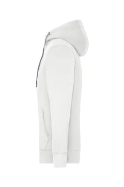 A white zip hoodie with a hood and a front pocket, featuring a logo on the chest.