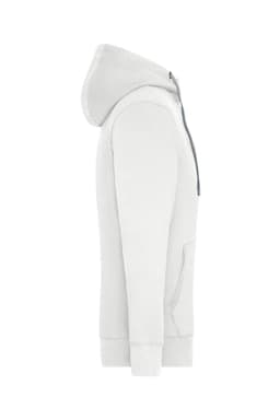 A white men's zip hoodie, featuring a hood, zip closure, and front pockets. It has a logo on the design.