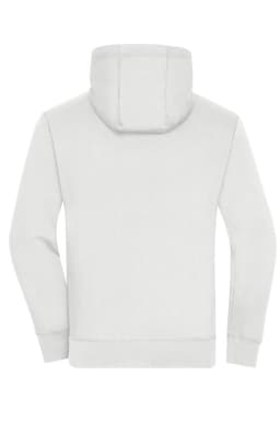 A grey zip hoodie viewed from the back, featuring a hood and long sleeves. It has a small logo on it.