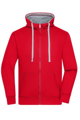 A red zip-up hoodie with a grey interior, featuring a front pocket and a logo on the chest.