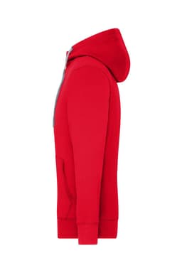 A red zip hoodie with a grey-lined hood, featuring a front pocket and a logo.