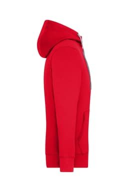 A red men's zip hoodie featuring a hood and side pockets, with a logo on the front.