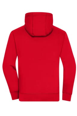 A red zip-hoodie featuring a hood and long sleeves, with a simple design and branding on the garment.