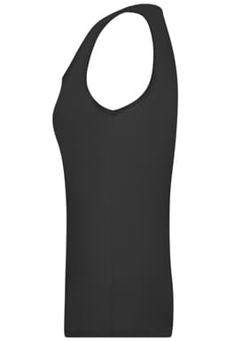 A black ladies' elastic top with a v-neck design and sleeveless style, featuring a logo.
