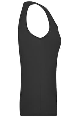 A black ladies elastic top featuring a sleeveless design and a v-neckline. It has a fitted silhouette.