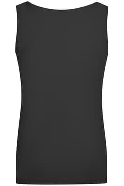 A black sleeveless top with an elastic neckline, featuring a smooth, simple design and no visible logos.