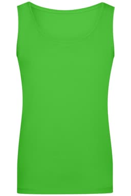 A bright green ladies' elastic top with a scoop neckline and a fitted style. Features a logo.