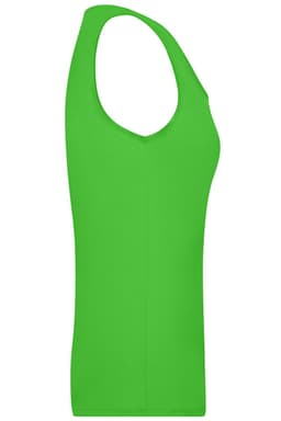 A vibrant green ladies elastic top with a fitted design and a scoop neckline. It features a logo on the side.