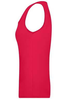 A red ladies' elastic top with a sleeveless design, featuring a fitted silhouette. Includes a logo.