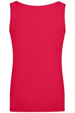 A red ladies' elastic top with a scoop neckline and no sleeves, featuring a simple design and a logo.
