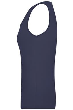 A navy ladies' elastic top featuring a sleeveless design and a fitted silhouette. The garment has a logo on it.