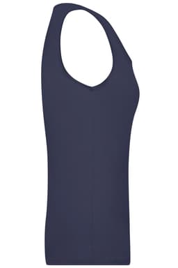 A navy blue ladies' elastic top with a sleeveless design, featuring a v-neckline and a fitted silhouette.