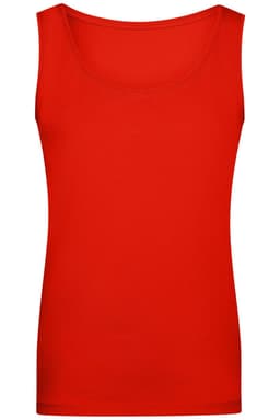 A red ladies' elastic top featuring a scoop neckline and no sleeves, with a plain design and a logo.
