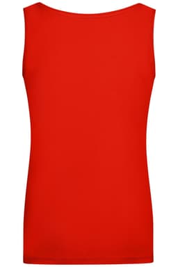 A red sleeveless top with an elastic neckline, featuring a simple design. It has a logo on the back.