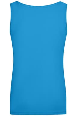 A blue sleeveless t-shirt with an elastic top, featuring a smooth, solid design and no visible logos.