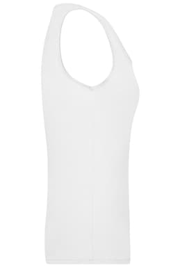 A white elastic top with a sleeveless design, featuring a fitted shape and a logo on the side.
