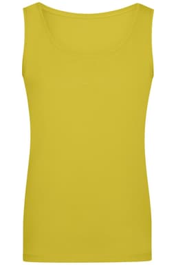 A yellow ladies' elastic top with a scoop neckline, featuring a logo on the fabric.