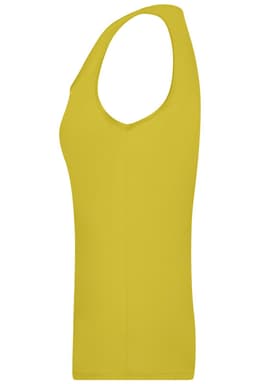 A yellow ladies' elastic top with a sleeveless design and a fitted shape. Features a logo on the garment.