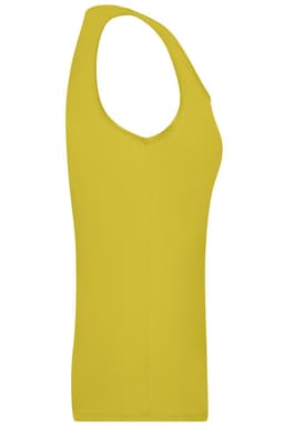 A yellow elastic top shirt with a sleeveless design and a scoop neckline, featuring a logo on the side.