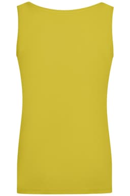 A yellow sleeveless t-shirt with an elastic top and a plain back. Features a logo on the label.