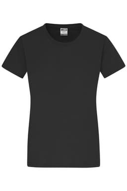A black Ladies-T shirt with a round neckline and short sleeves, featuring a logo on the label inside.