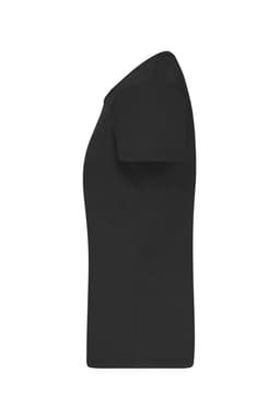 A side view of a black ladies' T-shirt with short sleeves and a fitted design. The shirt features a logo.