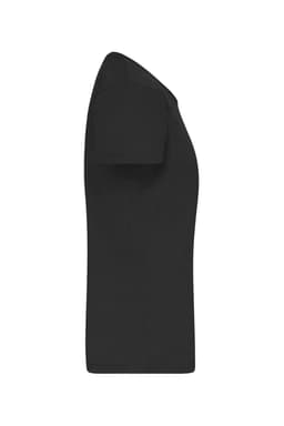 A black ladies' T-shirt with short sleeves, displayed from the side. The shirt features a logo.