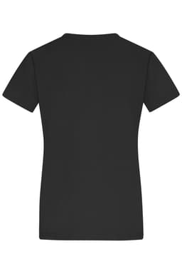 A black ladies' T-shirt with a classic cut and short sleeves, featuring a logo on the back.
