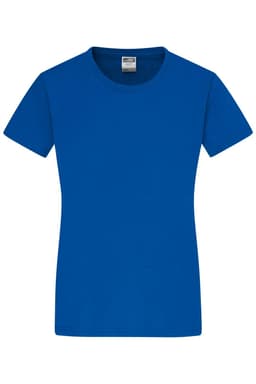 A blue ladies' t-shirt with a crew neck and short sleeves, featuring a logo on the front.