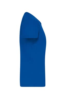 A blue T-shirt with short sleeves and a crew neckline, featuring a logo on the side.