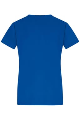 A blue ladies' T-shirt featuring a classic crew neckline and short sleeves. It has a branding logo.